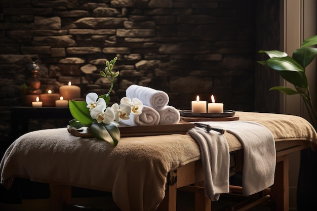 A massage table in a spa salon adorned with towels flowers and stones