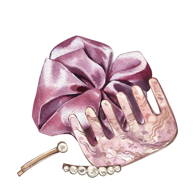 Massager hair comb gua sha bow hairpin isolated on white background Watercolor hand draw illustration Art for design