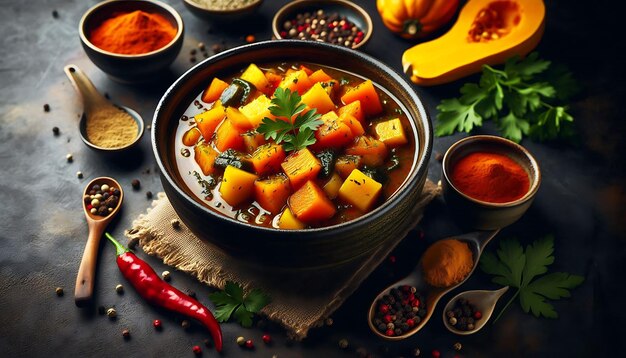 Photo massaman curry a hearty vegetable stew in a dark ceramic bowl garnished with fresh parsley