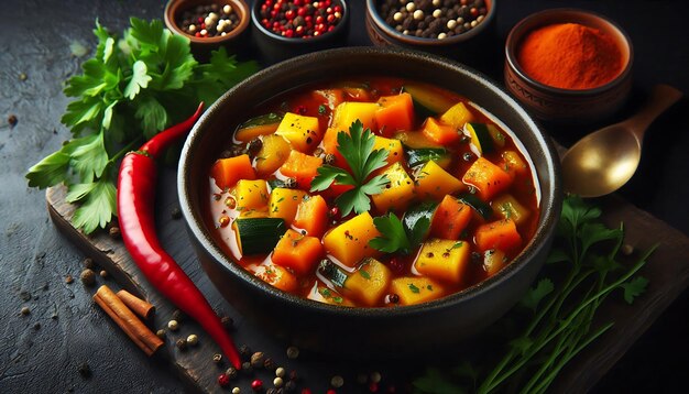 Photo massaman curry a hearty vegetable stew in a dark ceramic bowl garnished with fresh parsley