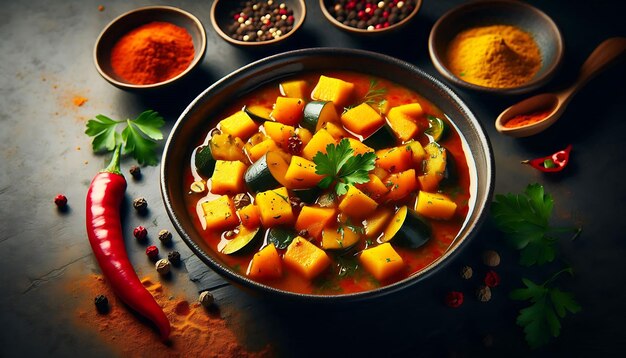 Photo massaman curry a hearty vegetable stew in a dark ceramic bowl garnished with fresh parsley