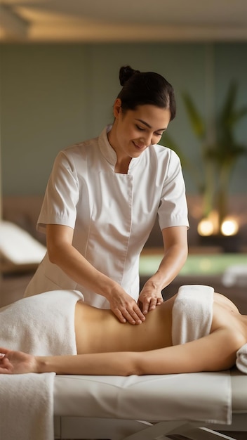 Photo masseur making relaxing massage of stomach for lying woman in calm spa center interior