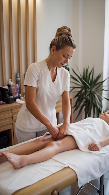 Photo a masseuse in a cosmetology salon makes a th massage on the legs of a young girl