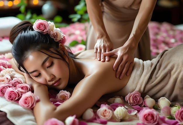 Photo masseuses skilled hands provide relaxing massage to woman amidst roses creating spa bliss