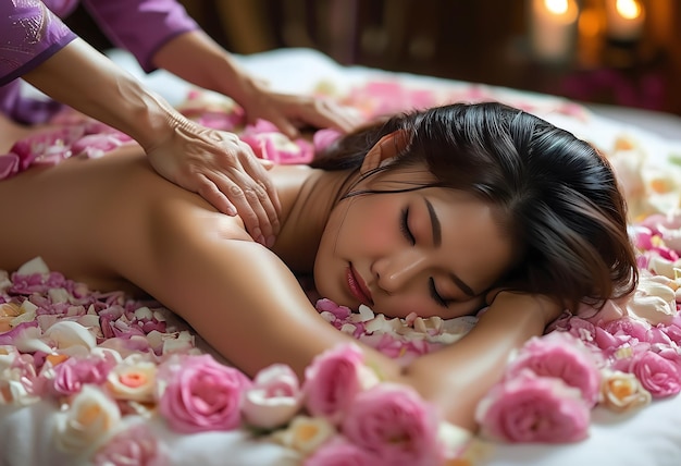 Photo masseuses skilled hands provide relaxing massage to woman amidst roses creating spa bliss