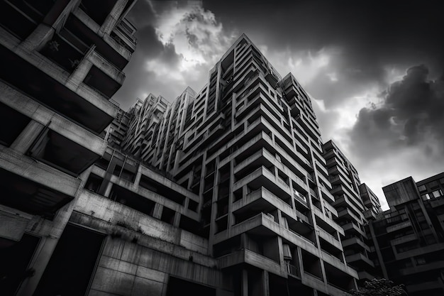 Massive abandoned building that is designed in the brutalist architectural style Generative AI