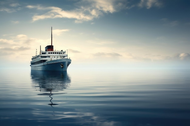 A massive boat effortlessly glides upon the endless expanse of a serene body of water An empty cruise ship sailing in the middle of the ocean AI Generated