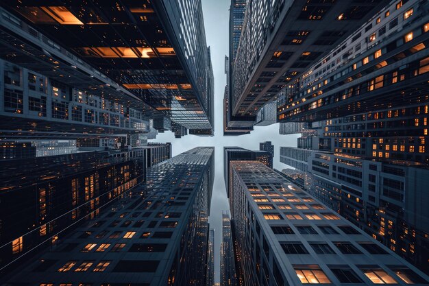 Photo a massive building featuring a towering structure with an abundance of windows reaching towards the sky gridlike alignment of city skyscrapers forming a concrete jungle ai generated