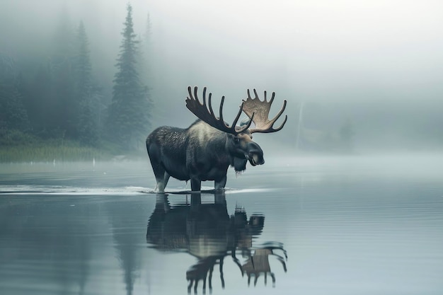 Photo a massive bull moose wades through a tranquil mountain lake