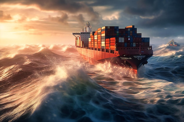 The massive cargo ship dominates the ocean its containers stacked high as it leaves a trail of contrails behind on its journey towards distant ports