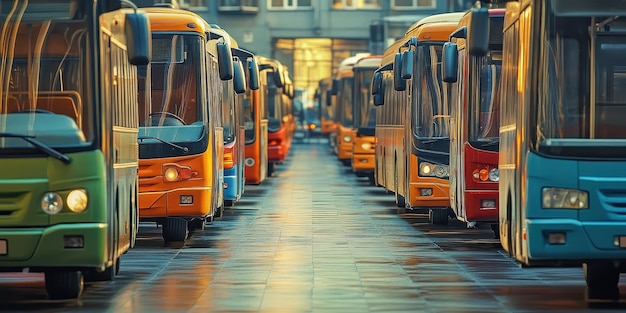 Photo massive display of municipal buses lined up for daily routes