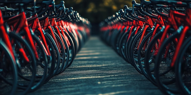 Photo massive display of sleek road bikes lined up in rows