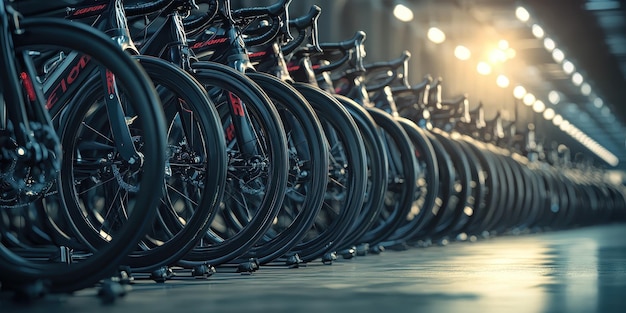 Photo massive display of sleek road bikes lined up in rows