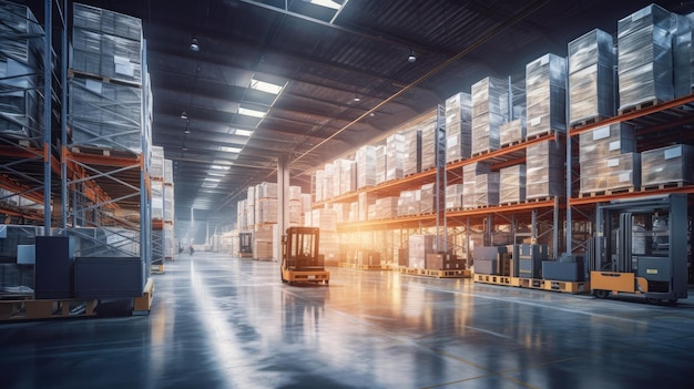 a massive distribution warehouse designed in a modern style the vastness of the space featuring high shelves and forklifts