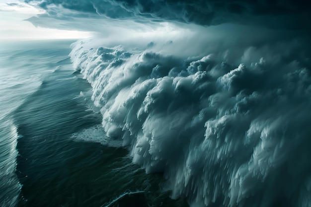 A massive dramatic storm cloud looms over the ocean creating a breathtaking and intense scene with t