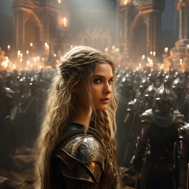 an massive epic fantasy battle A female elvish warrior stands looking back