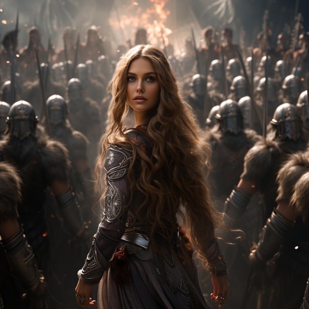 an massive epic fantasy battle A female elvish warrior stands looking back