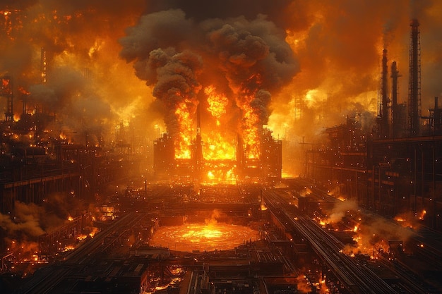 A massive fire rages through an industrial complex spewing thick black smoke into the air