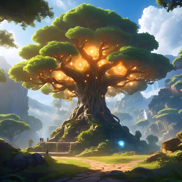 A massive glowing Tree of Life with intricate branches and a radiant core The trees trunk is interw