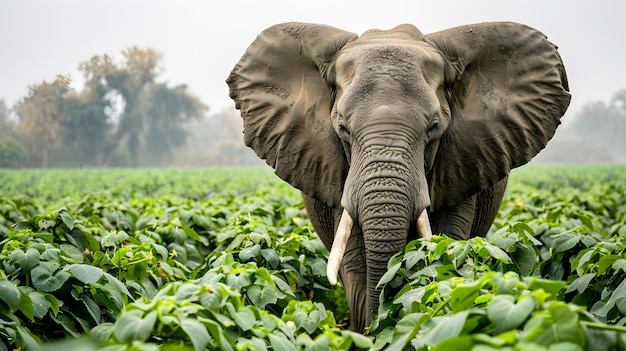 A massive gray African elephant with long powerful tusks is gently feeding on a field of lush green agricultural crops in a peaceful natural landscape The elephant is surrounded by a verdant