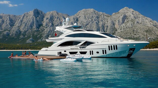 Photo massive luxury yacht with a luxurious design at the blue sea with swimming pool