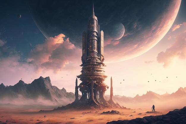 Massive otherworldly tower stretching into the sky amid an alien cityscape illustration generative ai