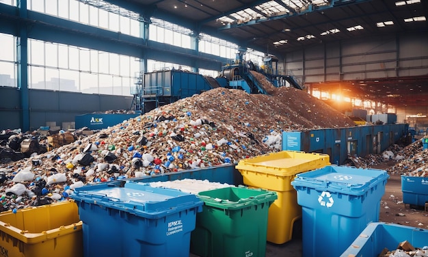 Massive piles of garbage inside a waste treatment plant