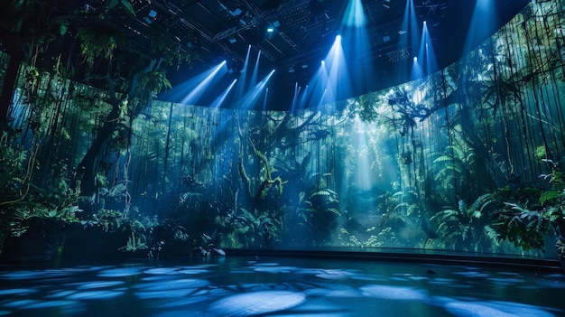 A massive soundstage transformed into a virtual jungle complete with holographic trees animals and