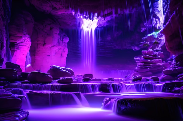 Massive spa in a wet cave, waterfall, purple lighting