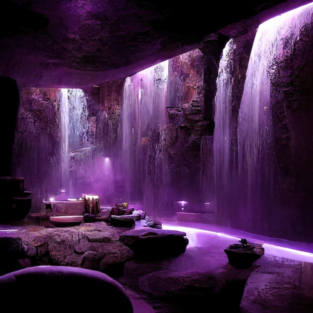 massive spa in a wet cave, waterfall, purple lighting