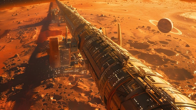 Photo massive space elevator connecting mars surface to orbiting stations