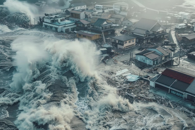 Photo a massive tsunami wave crashing onto a coastal town engulfing buildings and streets