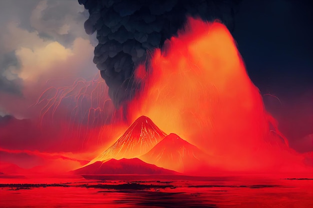 Massive Volcano Eruption A large volcano erupting hot lava and gases into the atmosphere 3D Illustra