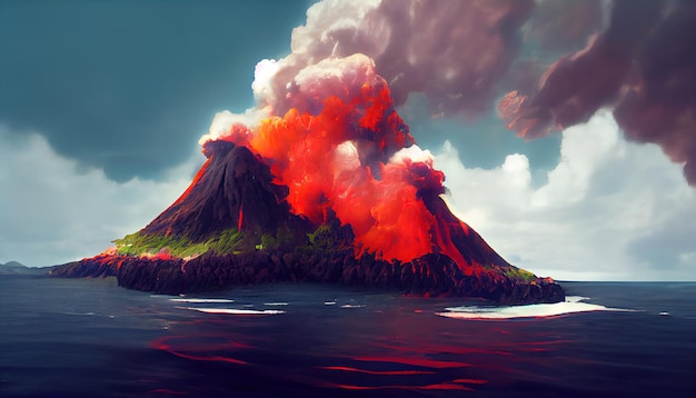 Massive Volcano Eruption A large volcano erupting hot lava and gases into the atmosphere 3D Illustra