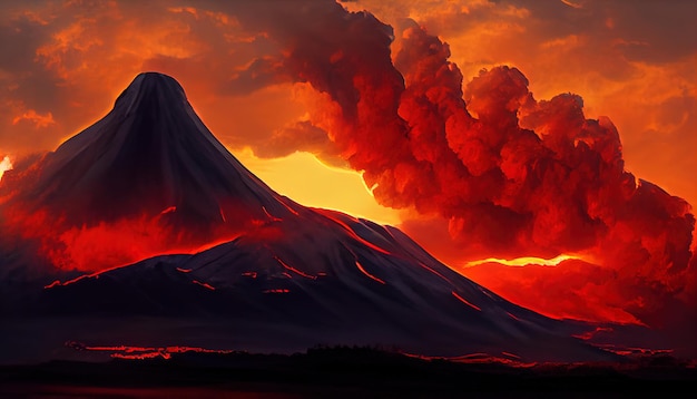 Massive Volcano Eruption A large volcano erupting hot lava and gases into the atmosphere 3D Illustra