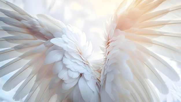 Photo massive white angelic wings filled with long flowing feathers in etherealdivine celestial scene