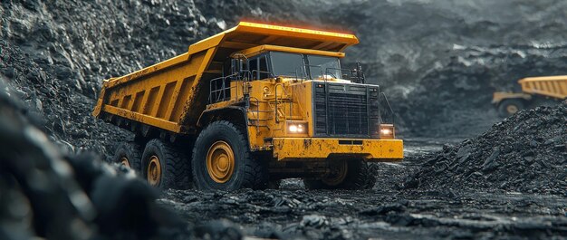 A massive yellow mining dump truck navigates a rugged rocky landscape in a photography concept showcasing mining machinery and equipment