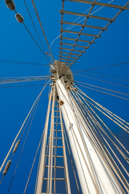 Mast from below with rigging of tall ship with sky in the background