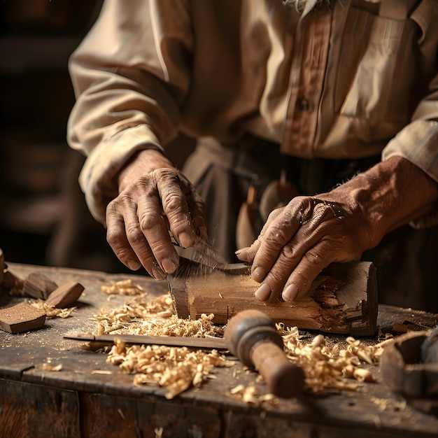 Photo master artisan at work a detailed glimpse into traditional wood craftsmanship highlighting skill a