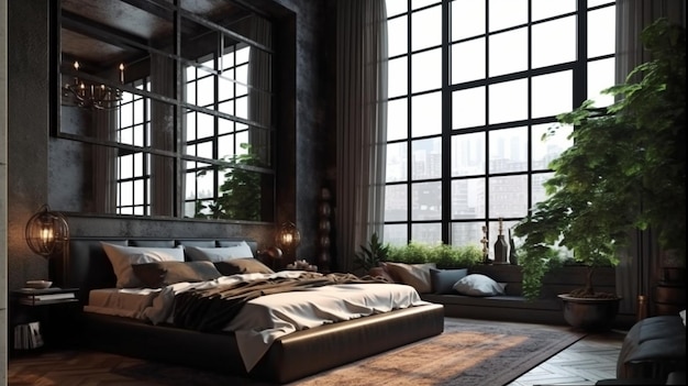 Master bedroom in a dark loft with lots of windows Generative AI and a luxurious studio apartment in the loft style