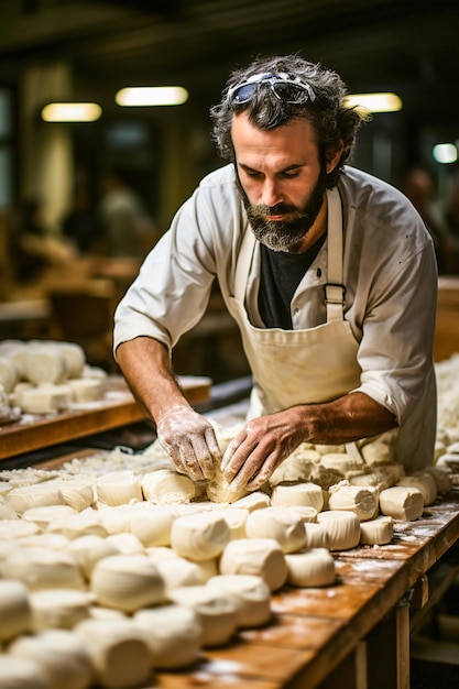 A master cheese maker makes cheese in a small dairy