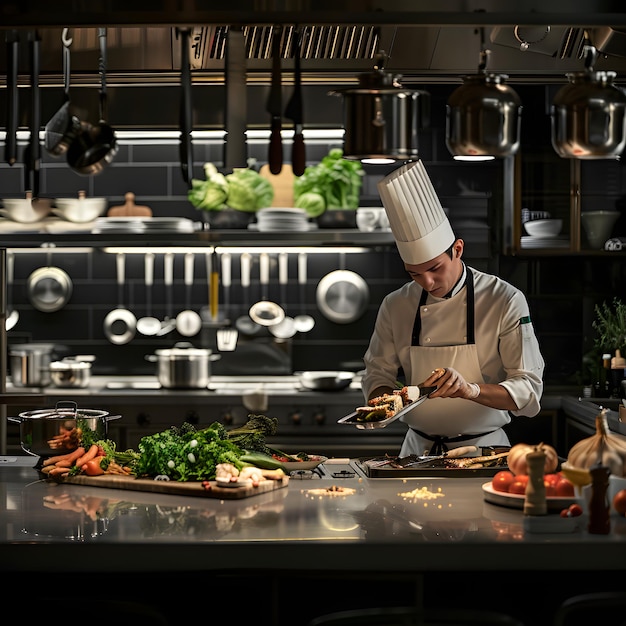 Photo master chef crafting a farmtotable delight in a harmoniously arranged kitchen space