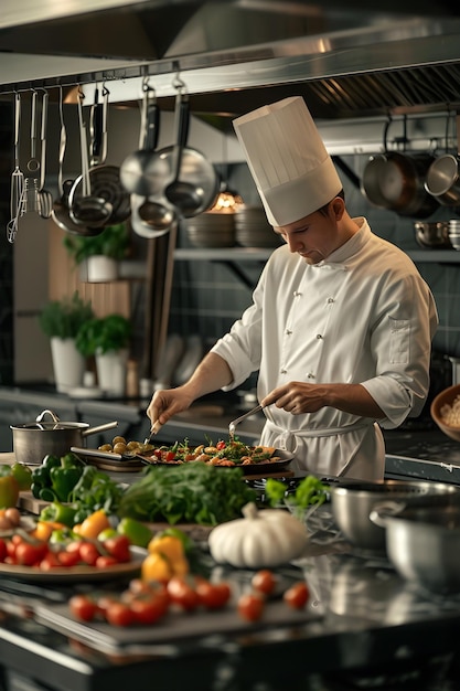 Master Chef Crafting a FarmtoTable Delight in a Harmoniously Arranged Kitchen Space