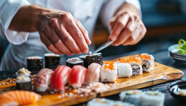 Photo master chef preparing sushi platter