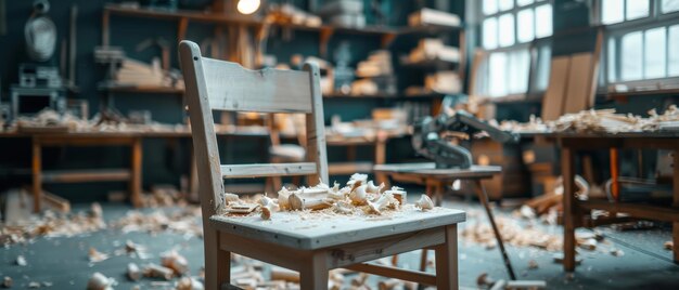 Photo master craftsman creating a handcrafted wooden chair with precision traditional woodworking techniques in 8k uhd quality