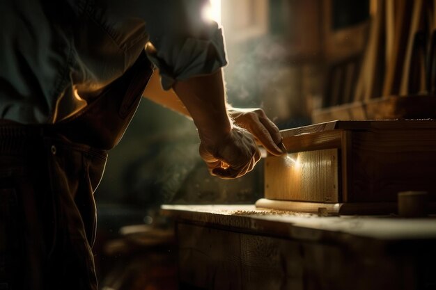 Master Craftsman Skillful carpenter working on a beautifully crafted wooden cabinet