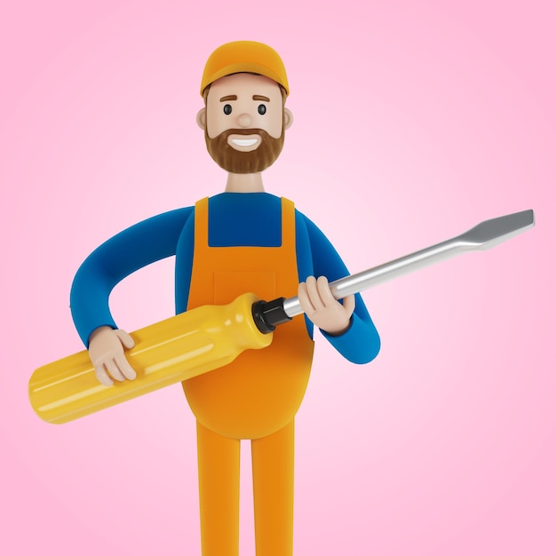 Master for an hour with a big screwdriver Builder 3D illustration in cartoon style