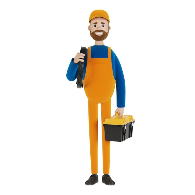 Master for an hour with a toolbox. Builder. 3D illustration in cartoon style.