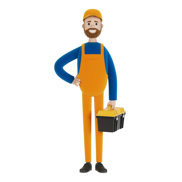 Master for an hour with a toolbox. Builder. 3D illustration in cartoon style.