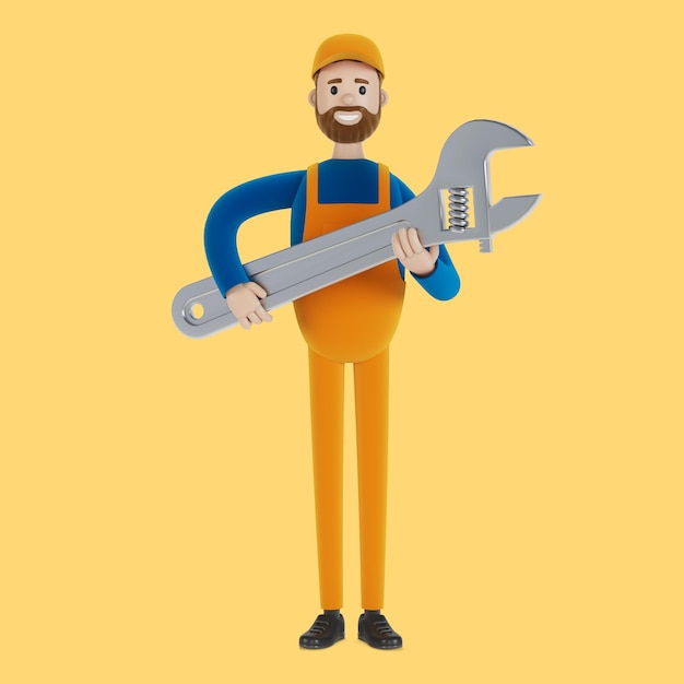 Master for an hour with a wrench. Builder. 3D illustration in cartoon style.